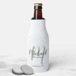 Modern Script Personalised Groomsmen Bottle Cooler<br><div class="desc">Add a personal touch to your wedding with personalised groomsmen bottle cooler. This bottle cooler features personalised groomsmen's name in grey modern script font style and monogram in light grey modern script font style as background with title and wedding date in grey modern sans serif font style. Also perfect for...</div>
