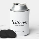 Modern Script Personalised Groomsmen Can Cooler<br><div class="desc">Modern Script Personalised Groomsmen Can Cooler
featuring personalised groomsman's name in black modern script font style with title and wedding date in modern sans serif font style on white background.

Also perfect for Maid of Honour,  Flower Girl,  Mother of the Bride,  Groomsmen,  Best man and more.</div>