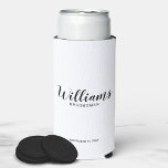 Modern Script Personalised Groomsmen Can Cooler<br><div class="desc">Modern Script Personalised Groomsmen Can Cooler
featuring personalised groomsman's name in black modern script font style with title and wedding date in modern sans serif font style on white background.

Also perfect for Maid of Honour,  Flower Girl,  Mother of the Bride,  Groomsmen,  Best man and more.</div>