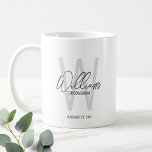 Modern Script Personalised Groomsmen Coffee Mug<br><div class="desc">Modern Minimalist Personalised Monogram and Name Gifts This design features personalised name in grey modern handwriting script font style and monogram in light grey modern sans serif font style as background, with wedding details in grey modern sans serif font style, on white background. Also perfect for best man, maid of...</div>