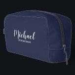 Modern Script Personalised Groomsmen Dopp Kit<br><div class="desc">Modern Script Personalised Groomsmen Gift
featuring personalised groomsman's name in white modern script font style with title and wedding date in modern sans serif font style on navy blue background.

Also perfect for bridesmaid,  maid of honour,  flower girl,  mother of the bride,  best man and more.</div>