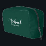 Modern Script Personalised Groomsmen Dopp Kit<br><div class="desc">Modern Script Personalised Groomsmen Gift
featuring personalised groomsman's name in white modern script font style with title and wedding date in modern sans serif font style on emerald green background.

Also perfect for bridesmaid,  maid of honour,  flower girl,  mother of the bride,  best man and more.</div>
