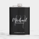 Modern Script Personalised Groomsmen Flask<br><div class="desc">Add a personal touch to your wedding with personalised groomsmen flask. This flask features personalised groomsmen's name in white modern script font style and monogram in light grey modern script font style as background with title and wedding date in white modern sans serif font style on black background. Also perfect...</div>