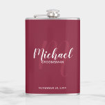 Modern Script Personalised Groomsmen Flask<br><div class="desc">Add a personal touch to your wedding with personalised groomsmen flask. This flask features personalised groomsmen's name in white modern script font style and monogram in light burgundy red modern script font style as background with title and wedding date in white modern sans serif font style on burgundy red background....</div>
