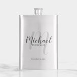 Modern Script Personalised Groomsmen Hip Flask<br><div class="desc">Add a personal touch to your wedding with personalised groomsmen flask. This flask features personalised groomsman's name in grey modern script font style and monogram in light grey modern script font style as background with title and wedding date in grey modern sans serif font style. Also perfect for best man,...</div>