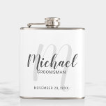 Modern Script Personalised Groomsmen Hip Flask<br><div class="desc">Add a personal touch to your wedding with personalised groomsmen flask. This flask features personalised groomsmen's name in grey modern script font style and monogram in light grey modern script font style as background with title and wedding date in grey modern sans serif font style. Also perfect for best man,...</div>