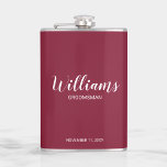 Modern Script Personalised Groomsmen Hip Flask<br><div class="desc">Modern Script Personalised Groomsmen Flask
featuring personalised groomsman's name in white modern script font style with title and wedding date in modern sans serif font style on burgundy red background.

Also perfect for Father of the Bride,  Best man and more.</div>