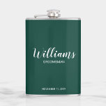 Modern Script Personalised Groomsmen Hip Flask<br><div class="desc">Modern Script Personalised Groomsmen Flask
featuring personalised groomsman's name in white modern script font style with title and wedding date in modern sans serif font style on emerald green background.

Also perfect for Father of the Bride,  Best man and more.</div>