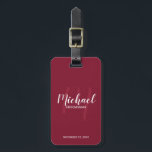 Modern Script Personalised Groomsmen Luggage Tag<br><div class="desc">Add a personal touch to your wedding with personalised groomsmen luggage tag. This luggage tag features personalised groomsmen's name in white modern script font style and monogram in light burgundy red modern script font style as background with title and wedding date in white modern sans serif font style on burgundy...</div>