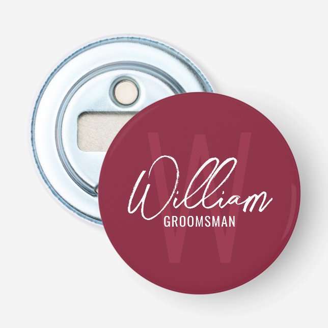 Modern Script Personalised Groomsmen Monogram&Name Bottle Opener (Front)