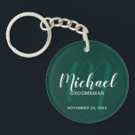 Modern Script Personalised Groomsmen Monogram&Name Key Ring<br><div class="desc">Add a personal touch to your wedding with personalised groomsmen keychain. This keychain features personalised groomsmen's name in white modern script font style and monogram in light emerald green modern script font style as background with title and wedding date in white modern sans serif font style on emerald green background....</div>