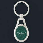 Modern Script Personalised Groomsmen Monogram&Name Key Ring<br><div class="desc">Add a personal touch to your wedding with personalised groomsmen keychain. This keychain features personalised groomsmen's name in white modern script font style and monogram in light emerald green modern script font style as background with title and wedding date in white modern sans serif font style on emerald green background....</div>