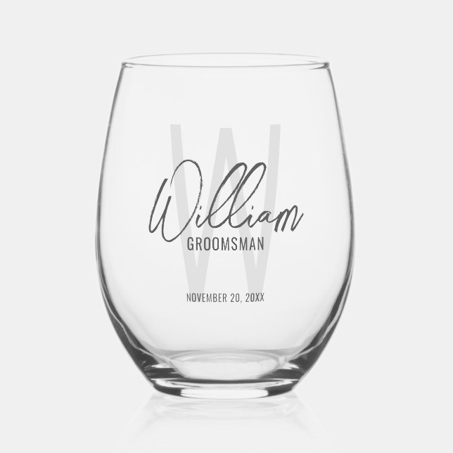 Modern Script Personalised Groomsmen Stemless Wine Glass (Front)