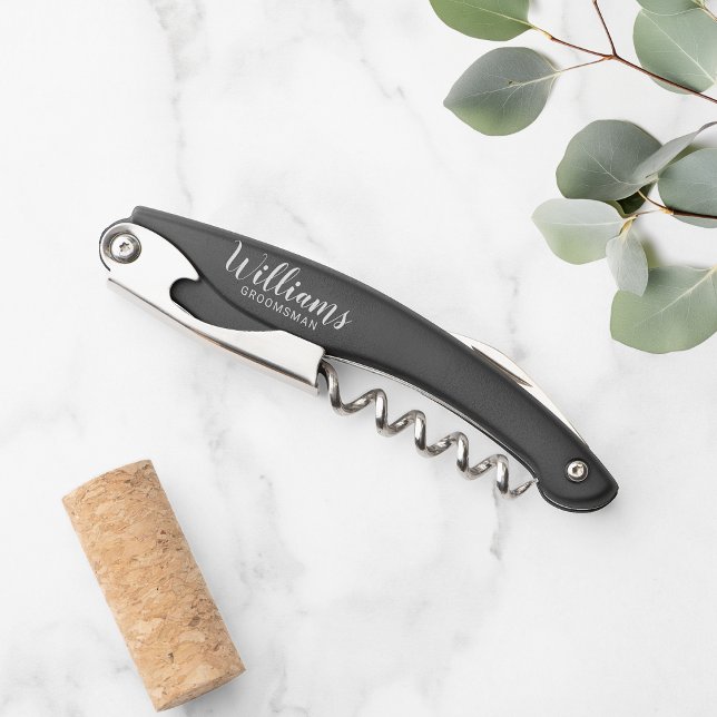 Modern Script Personalised Groomsmen Waiter's Cork Corkscrew (Creator Uploaded)