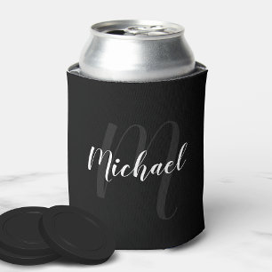Modern Script Personalised Monogram and Name Black Can Cooler