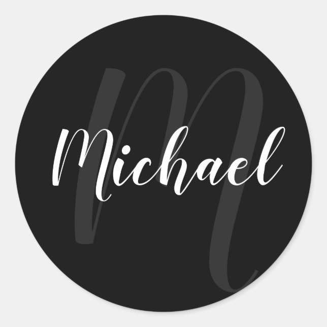 Modern Script Personalised Monogram and Name Black Classic Round Sticker (Front)