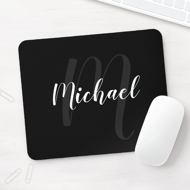 Modern Script Personalised Monogram and Name Black Mouse Mat (Creator Uploaded)