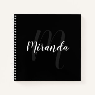 Modern Script Personalised Monogram and Name Black Notebook