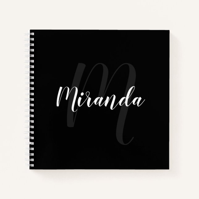 Modern Script Personalised Monogram and Name Black Notebook (Front)