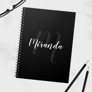 Modern Script Personalised Monogram and Name Black Notebook
