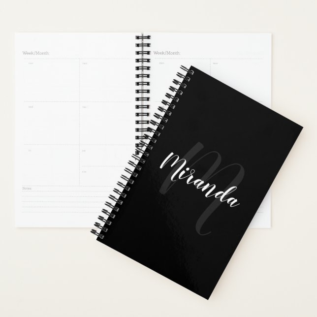 Modern Script Personalised Monogram and Name Black Planner (Display)