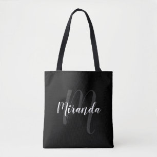 Modern Script Personalised Monogram and Name Black Tote Bag