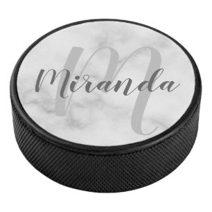 Modern Script Personalised Monogram and Name Hockey Puck