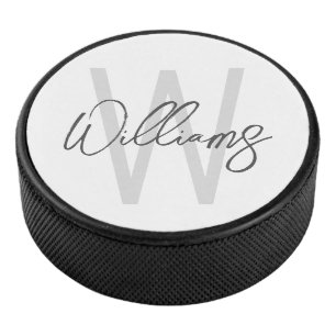 Modern Script Personalised Monogram and Name Hockey Puck