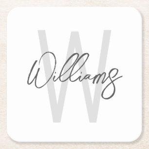 Modern Script Personalised Monogram and Name Square Paper Coaster
