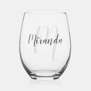 Modern Script Personalised Monogram and Name Stemless Wine Glass