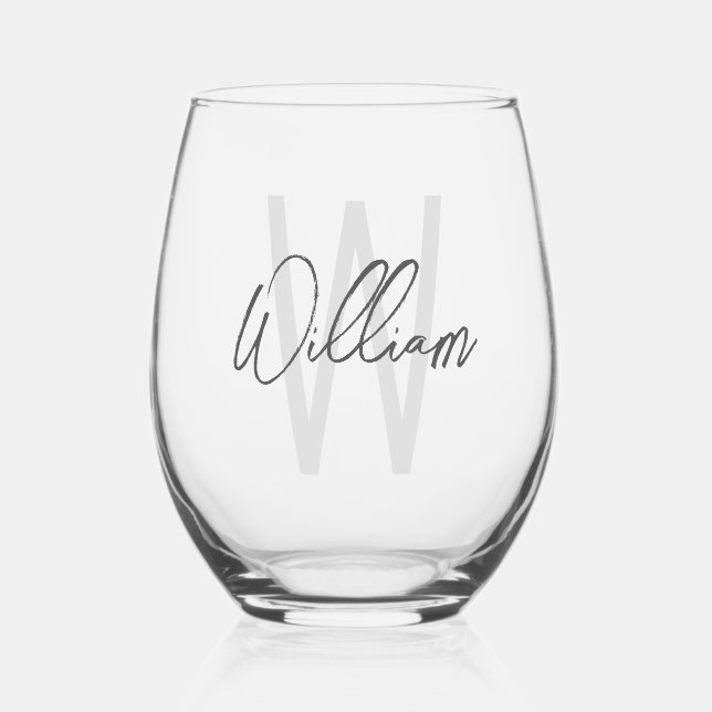 Modern Script Personalised Monogram and Name Stemless Wine Glass (Front)
