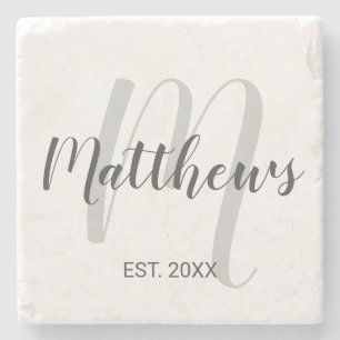 Modern Script Personalised Monogram & Family Name Stone Coaster