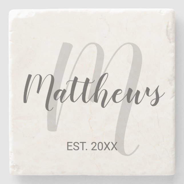 Modern Script Personalised Monogram & Family Name Stone Coaster (Front)