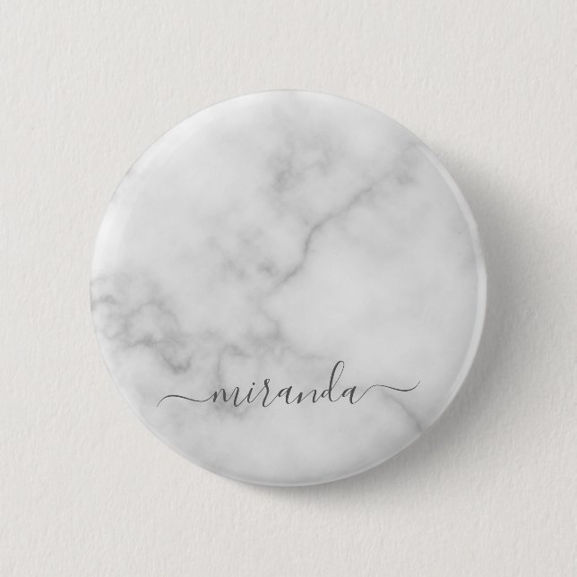 Modern Script Personalised Name White Marble 6 Cm Round Badge (Front)