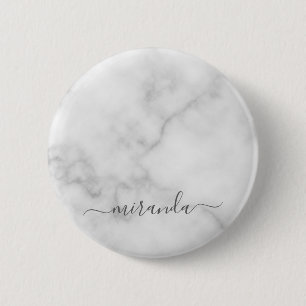 Modern Script Personalised Name White Marble 6 Cm Round Badge