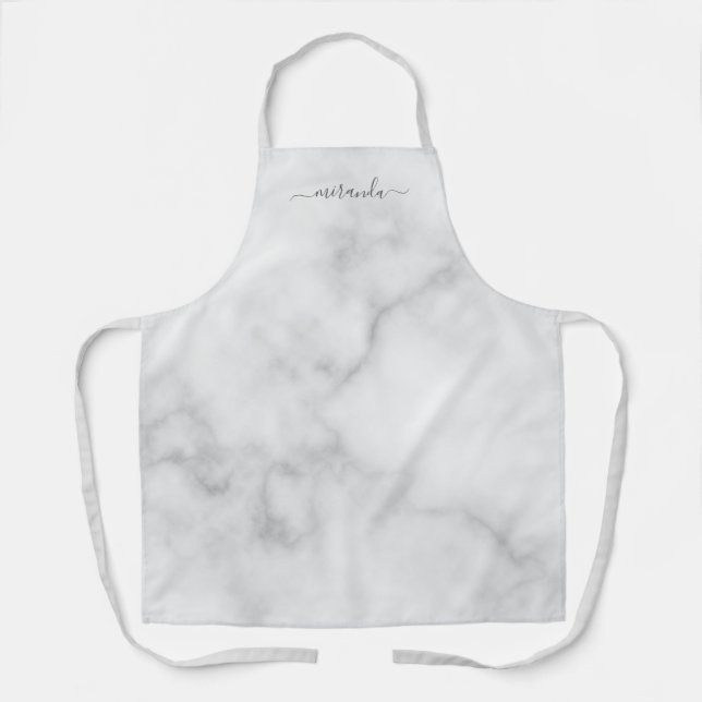 Modern Script Personalised Name White Marble Apron (Front)