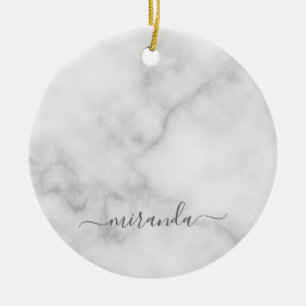 Modern Script Personalised Name White Marble Ceramic Tree Decoration