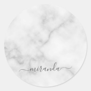 Modern Script Personalised Name White Marble Classic Round Sticker