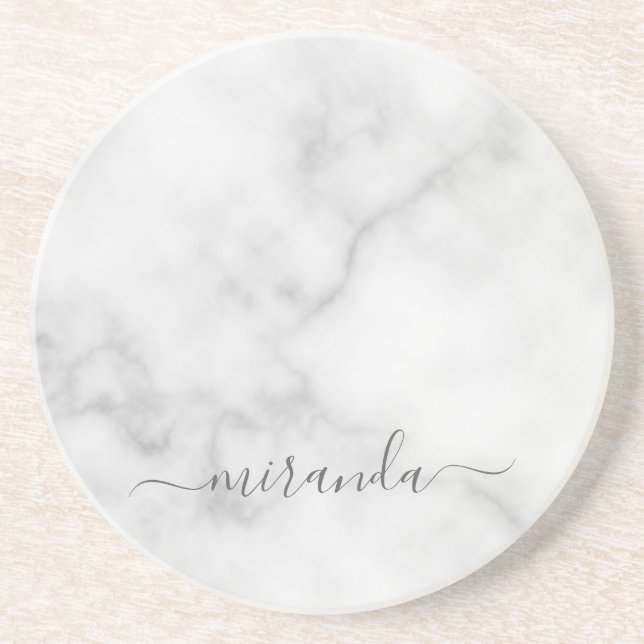 Modern Script Personalised Name White Marble Coaster (Front)
