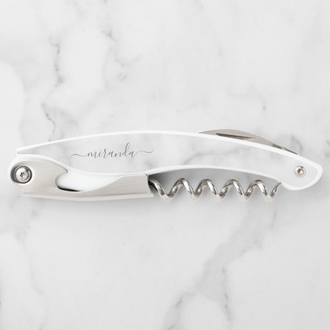 Modern Script Personalised Name White Marble Corkscrew (Front)