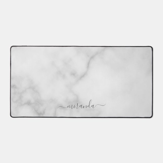 Modern Script Personalised Name White Marble Desk Mat (Front)