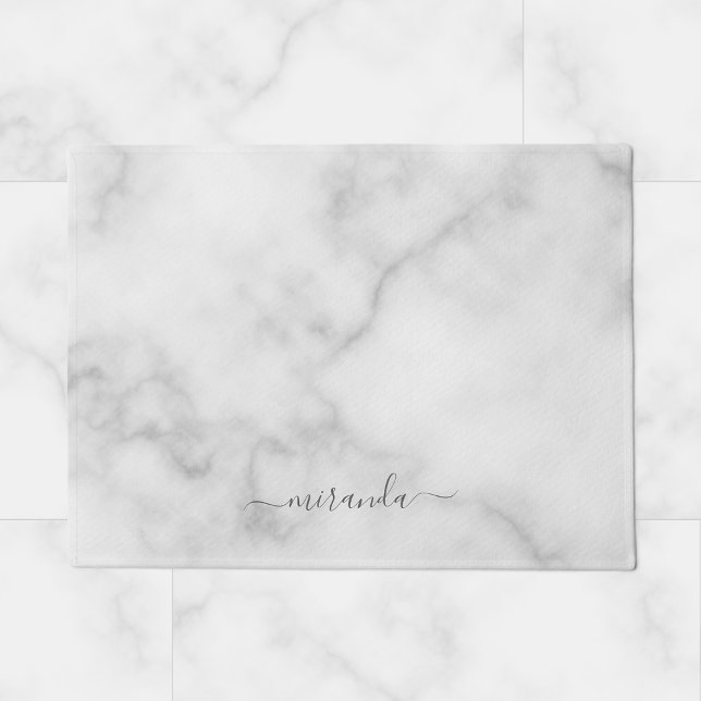 Modern Script Personalised Name White Marble Doormat (Creator Uploaded)