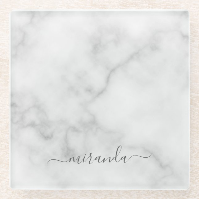 Modern Script Personalised Name White Marble Glass Coaster (Front)