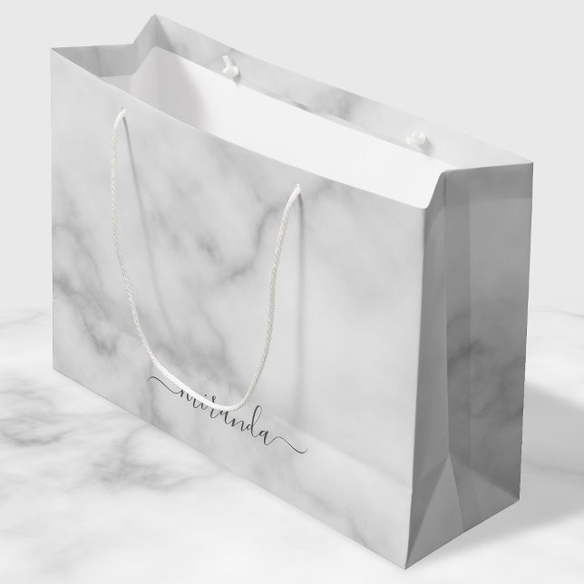 Modern Script Personalised Name White Marble Large Gift Bag (Creator Uploaded)