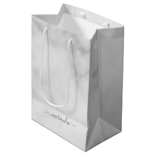 Modern Script Personalised Name White Marble Medium Gift Bag