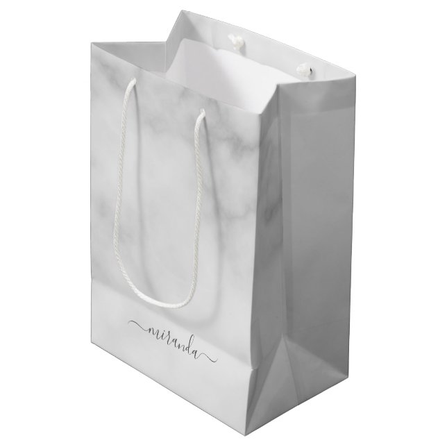 Modern Script Personalised Name White Marble Medium Gift Bag (Front Angled)