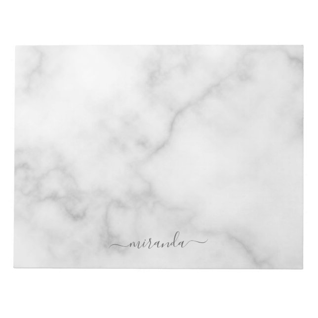 Modern Script Personalised Name White Marble Notepad (Front)