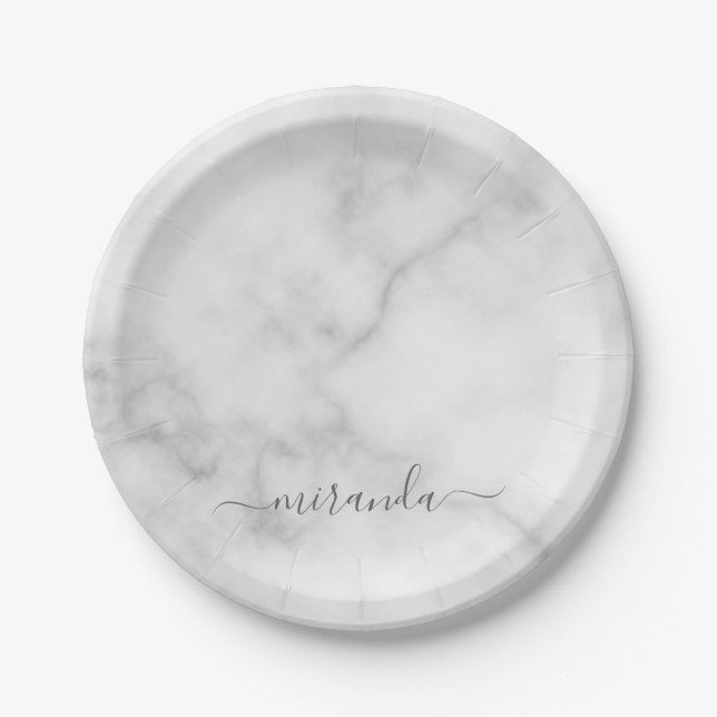 Modern Script Personalised Name White Marble Paper Plate (Front)