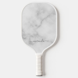 Modern Script Personalised Name White Marble Pickleball Paddle