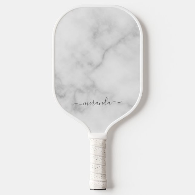 Modern Script Personalised Name White Marble Pickleball Paddle (Front)